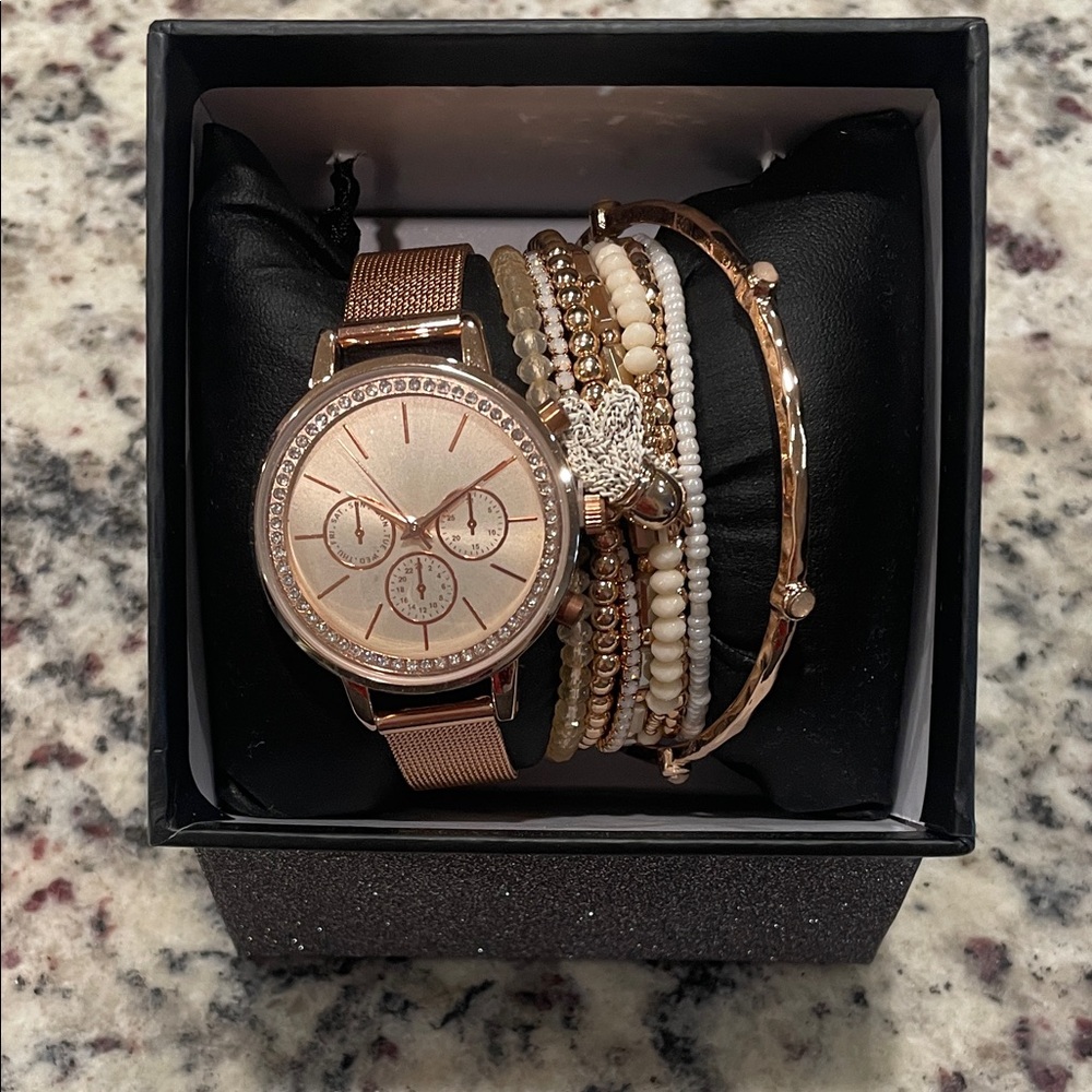 Rose Gold Watch and Bracelet Set